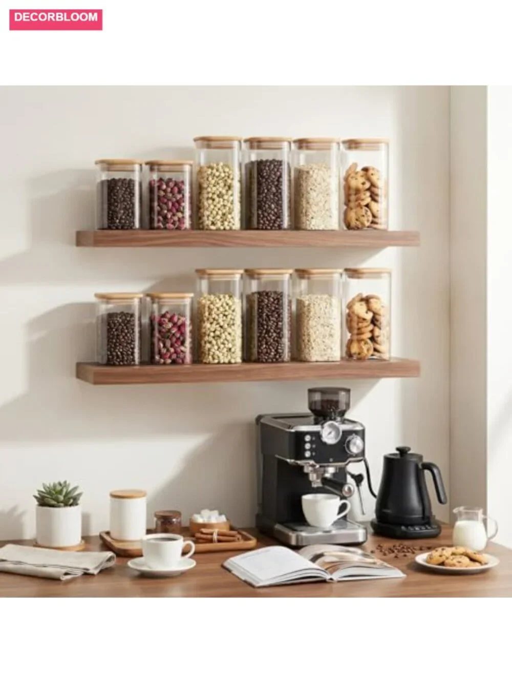4 Square Glass Storage Jars with Bamboo Lids - Pantry Organization Set